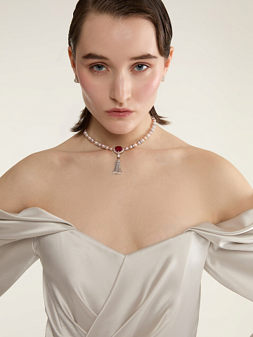 White Gold Heart-Shaped Garnet & Tourmaline & Diamond & Pearl Necklace, 2