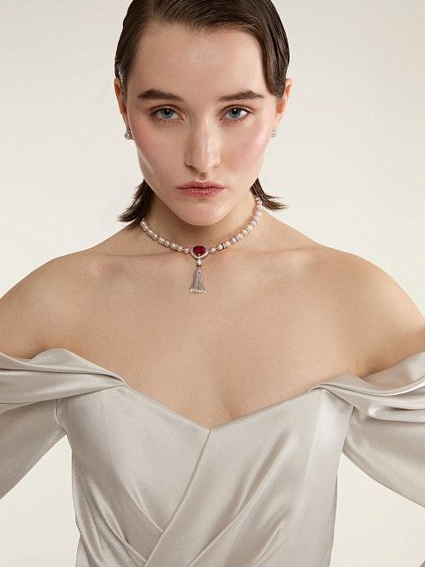 White Gold Heart-Shaped Garnet & Tourmaline & Diamond & Pearl Necklace, 2