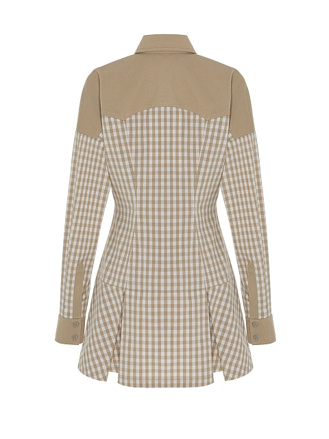 Beige Checked Linen And Denim Dress, 2 Beige Checked Linen And Denim Dress, 2