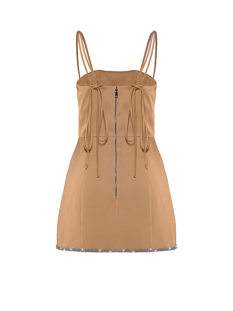 Rhinestones Trimmed Tan Satin Mini Dress, 2 Rhinestones Trimmed Tan Satin Mini Dress, 2