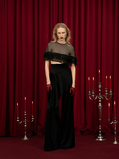 Black Silk Trousers With Asymmetrical Flounce, 2 Black Silk Trousers With Asymmetrical Flounce, 2