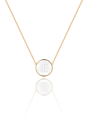 Yellow gold necklace with letter I pendant and rock crystal, 1