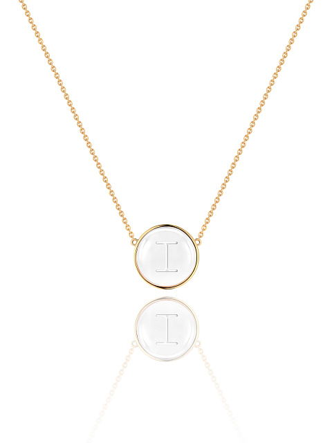 Yellow gold necklace with letter I pendant and rock crystal, 1