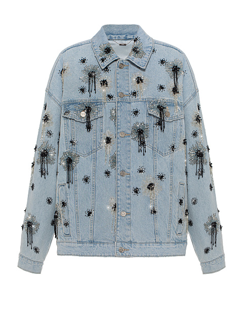 Light blue denim jacket with black and white beaded embroidery, 1 Light blue denim jacket with black and white beaded embroidery, 1