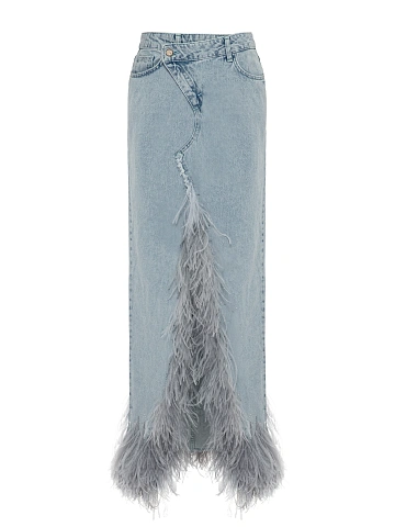 Blue Denim Maxi Skirt With Slit And Feathers, 1