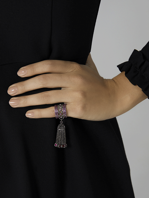 Black Silver & Pink Cubic Zirkonia Tassel Ring, 4