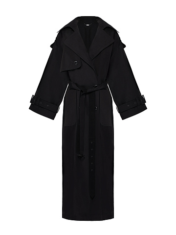 Black Leather Trim Cotton Trench Coat, 1