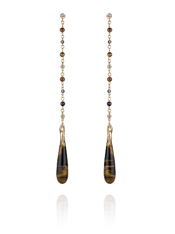 Yellow gold earrings with diamonds, tiger’s eye and smoky quartz, 1