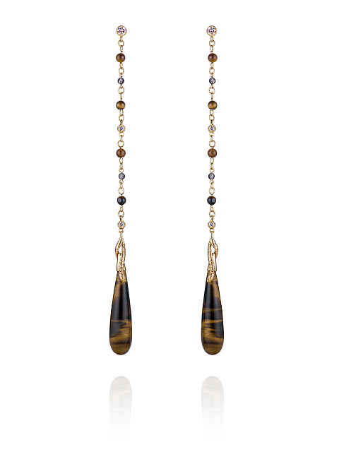 Yellow gold earrings with diamonds, tiger’s eye and smoky quartz, 1