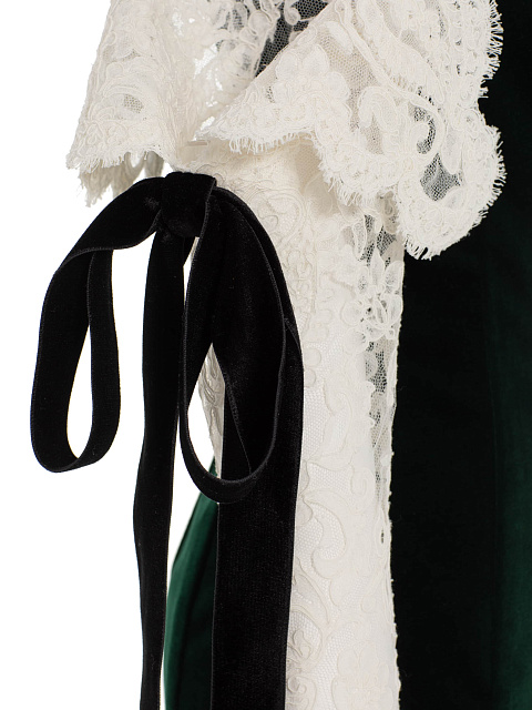 Dark Green Velvet Dress With Lace Sleeves And Ribbons, 3
