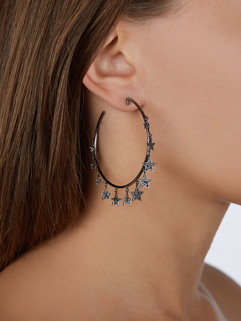 Black Diamond & Black Gold "Star" Hoop Earrings, 2