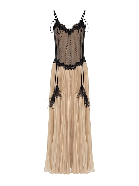 Beige Lace & Plisse Chiffon Midi Dress, 2 Beige Lace & Plisse Chiffon Midi Dress, 2
