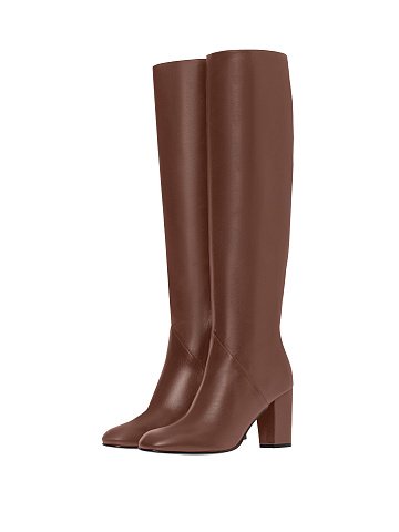 Brown Leather Round Toe Long Boots, 1