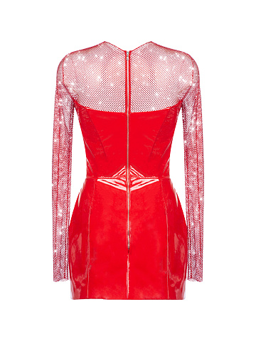 Red Leather & Rhinestones Mesh Mini Dress, 2