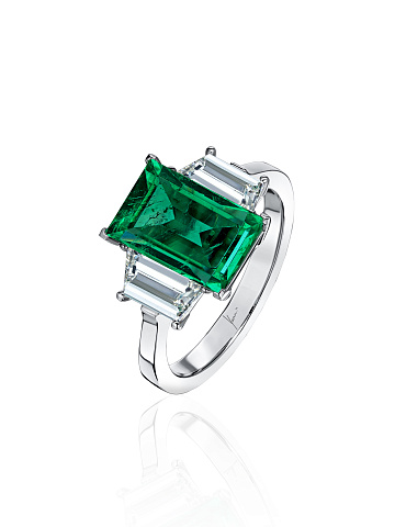 Emerald Baguette, Diamond Trapezoid & White Gold Ring, 1