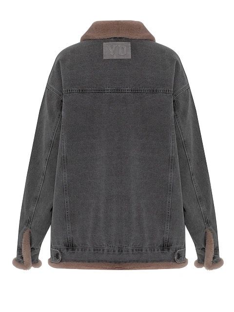 Grey Denim & Brown Shearling Oversized Jacket, 6