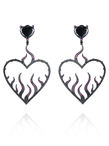 Black Gold Heart-Shaped Diamond & Ruby Earrings, 1