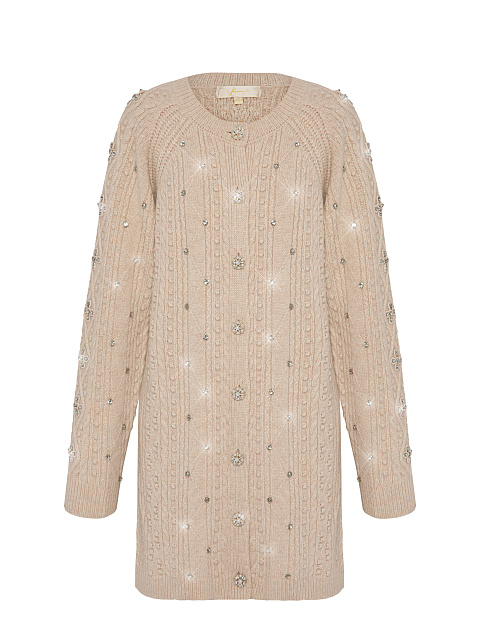 Biege Rhinestones Long Wool Cardigan, 1 Biege Rhinestones Long Wool Cardigan, 1