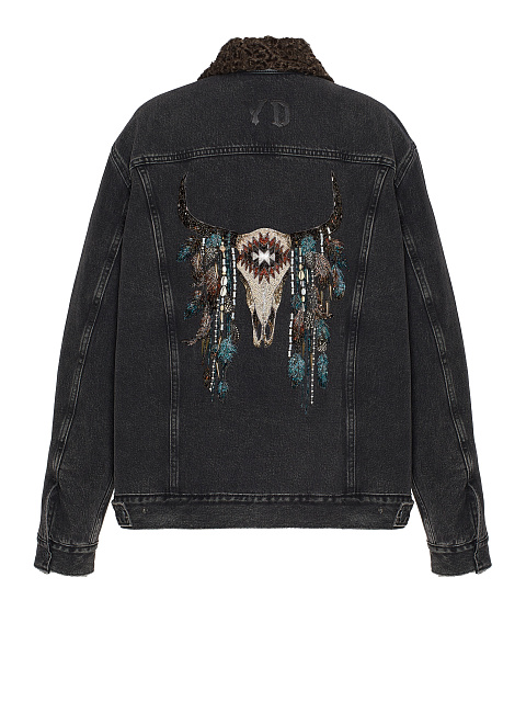 Black Embroidered Denim & Astrakhan Fur Jacket, 2 Black Embroidered Denim & Astrakhan Fur Jacket, 2