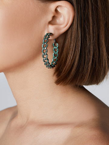 Round Emerald & Black Gold Hoop Earrings, 2