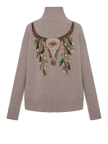 Beige Back Embroidery Cashmere Turtleneck Sweater, 2