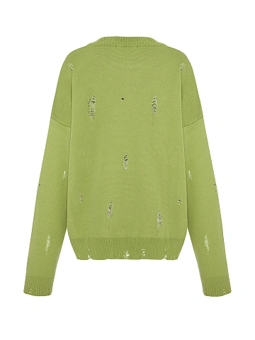 Neon Green Printed Distressed Cotton Sweater, 2