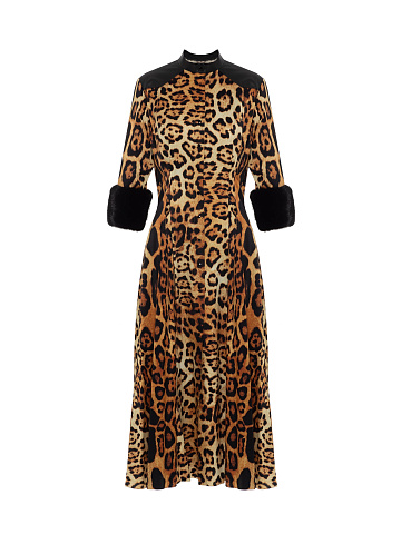 Leather & Mink Fur Trimmed Leopard Printed Silk Dress, 1