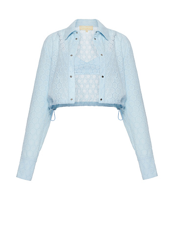 Light Blue Cotton Lace Set Of Bra & Cropped Shirt, 1