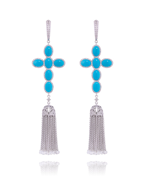 Cabochon Oval Turquoise & Round Diamond & White Gold Tassel Earrings , 1