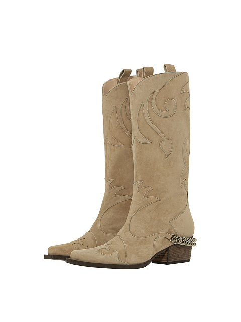 Beige Leather Embroidered Cowboy Boots, 1