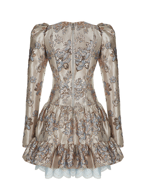 Beige Floral Brocade Mini Dress, 2 Beige Floral Brocade Mini Dress, 2