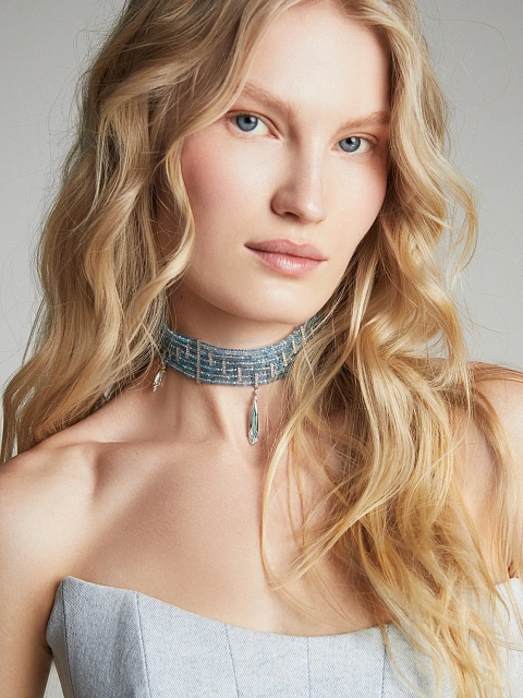 White gold choker necklace with aquamarines and diamonds, 6