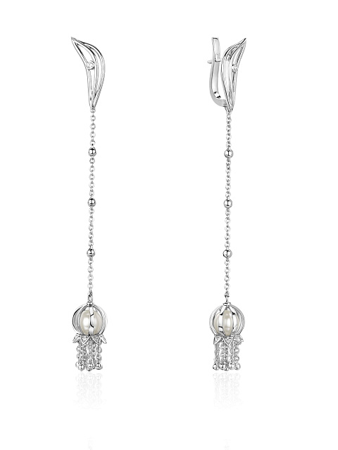 Long white gold earrings with pearls and diamonds, 1