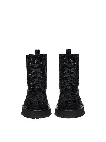 Black Tweed & Leather Lace Up Boots, 2