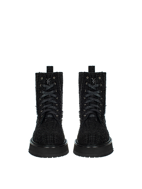 Black Tweed & Leather Lace Up Boots, 2