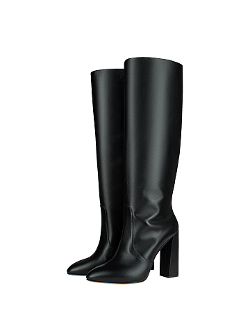 Black Leather Heeled Knee High Boots, 1