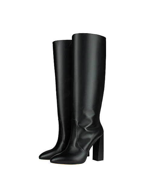 Black Leather Heeled Knee High Boots, 1