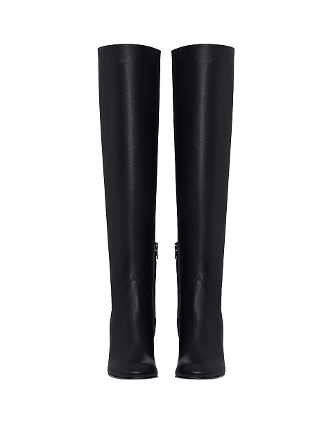 Black Leather Round Toe Long Boots, 2