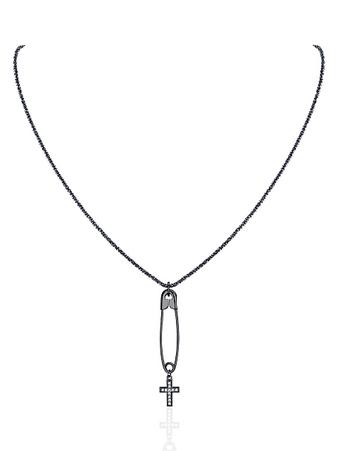 Black Silver & Cubic Zirkonia "Safety Pin" Necklace, 1