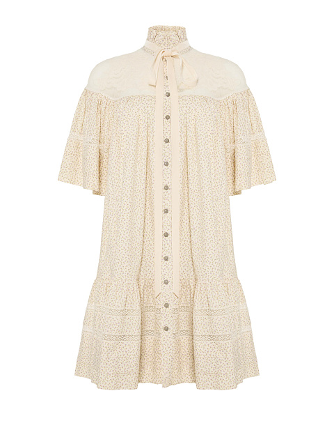 Milk-colored mini dress with floral print and lace, 1