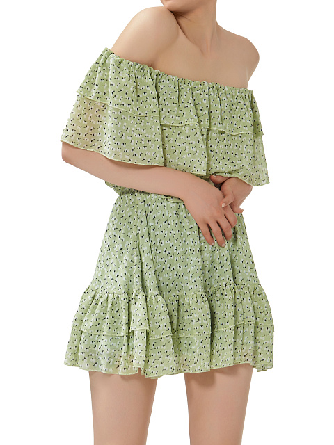 Light Green Flower Printed Off Shoulder Mini Dress, 4 Light Green Flower Printed Off Shoulder Mini Dress, 4