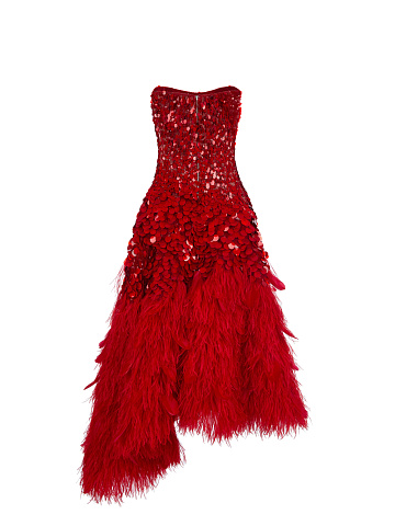 Red Feather-Trimmed & Sequined Midi Dress, 2