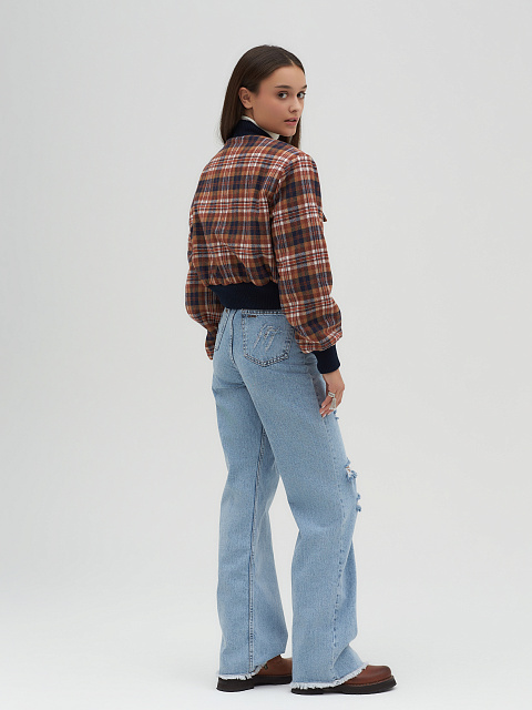 Rust Brown Plaid Cropped Bomber Jacket, 7 Rust Brown Plaid Cropped Bomber Jacket, 7