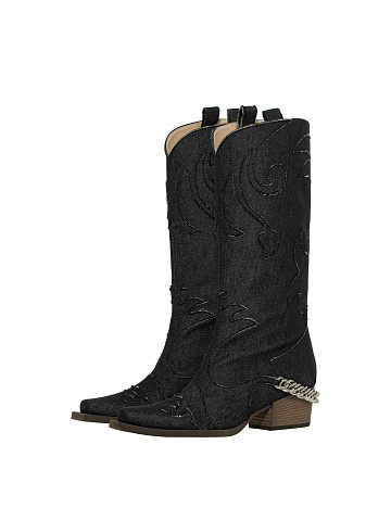 Black Denim Embroidered Cowboy Boots, 1