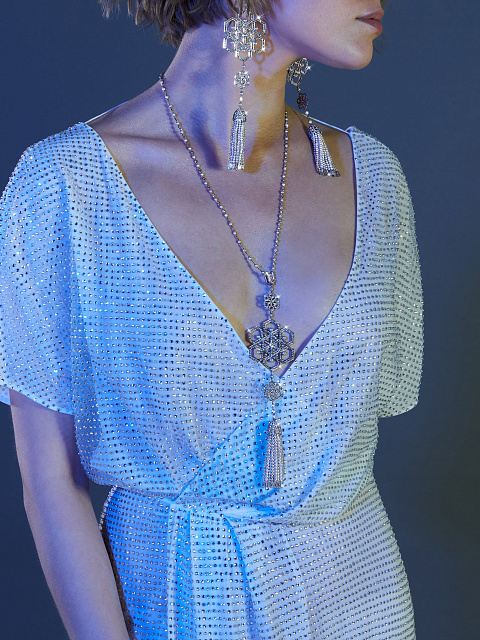 Gray Pearl Akoya & Spinel & Baguette Diamond & Black Gold Tassel Necklace, 5