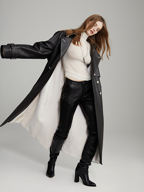 Black Leather & White Mink Fur Lining Trench Coat, 7