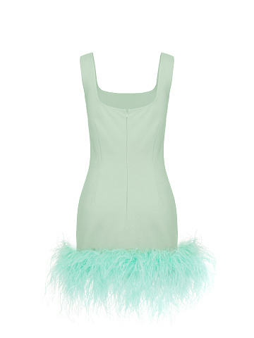 Feather Trimmed Mint Green Jersey Mini Dress, 2