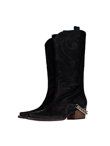 Black Leather Embroidered Cowboy Boots, 1