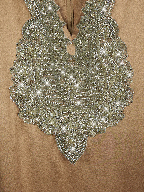 Brown Embroidered Silk Midi Dress, 3