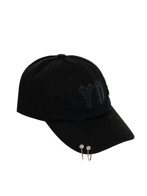 Black Distressed Denim Cap With Rings, 1 Black Distressed Denim Cap With Rings, 1